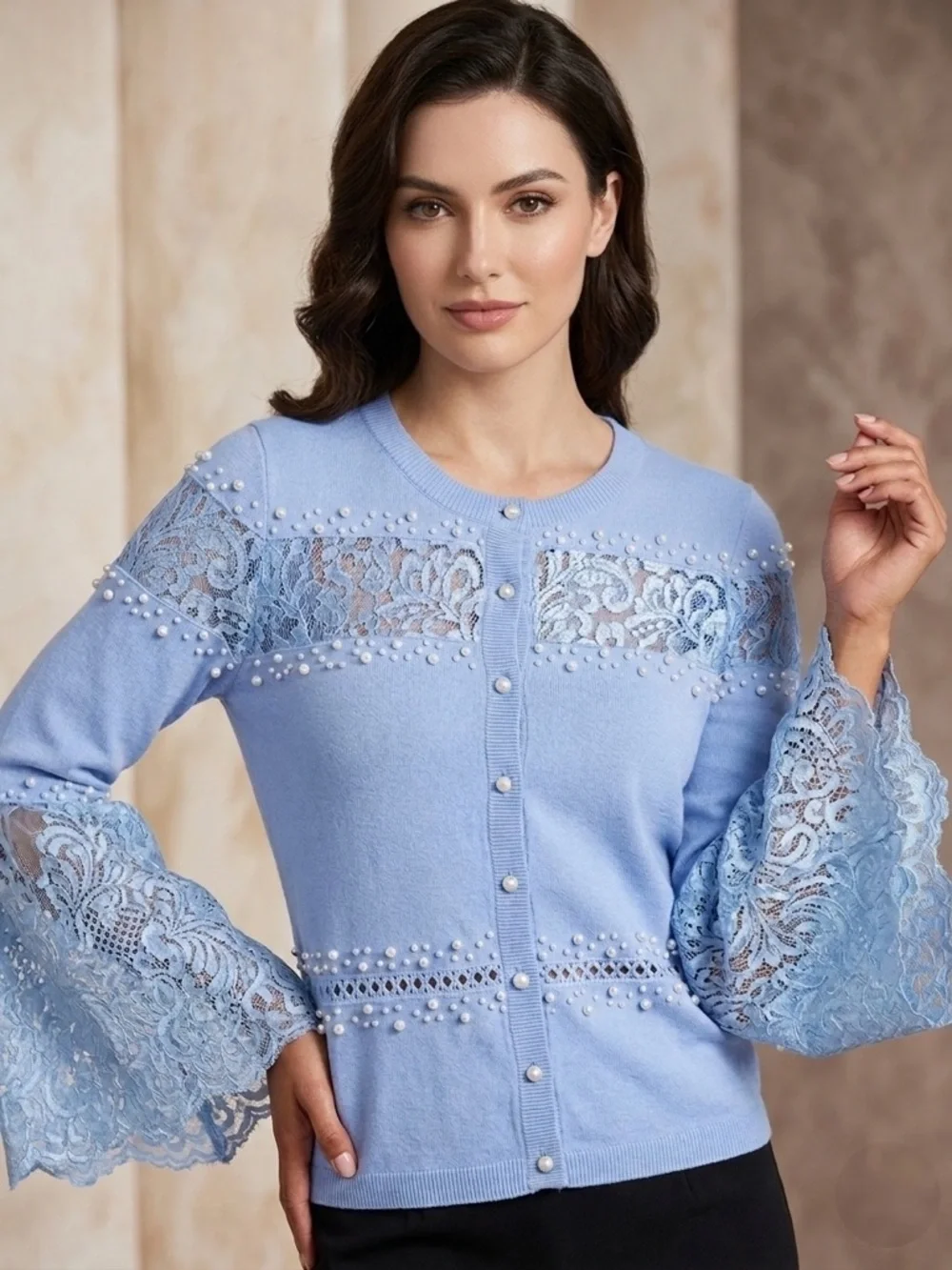 Boston Proper Pearl Embellished Lace Bell Sleeve Blue Cardigan Sweater Small